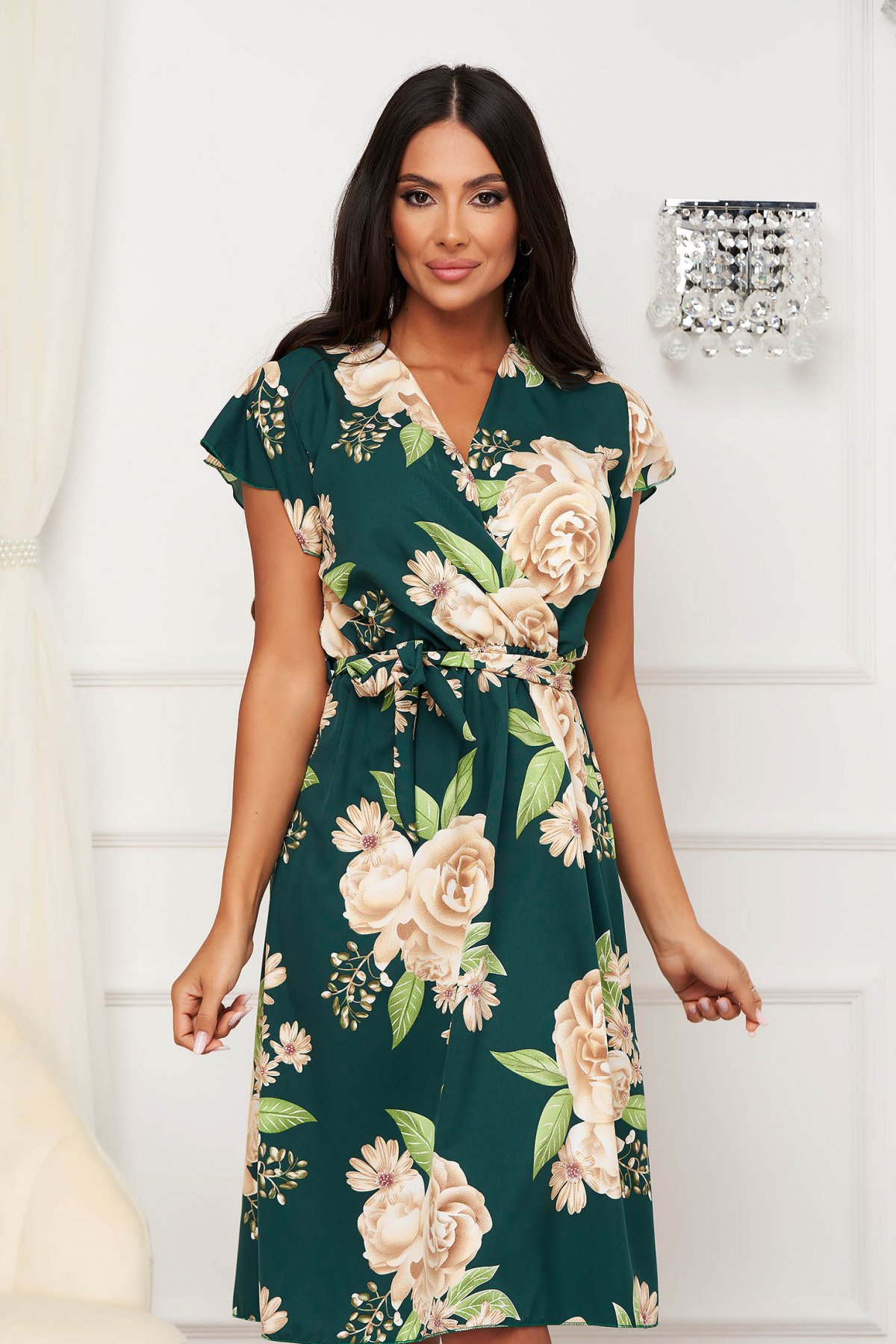 Rochie Lady Pandora scurta din voal in clos cu elastic in talie si imprimeu floral