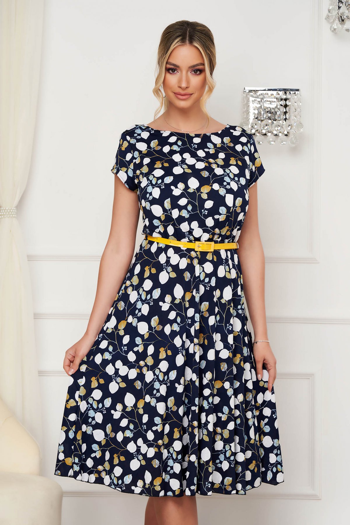 Rochie Lady Pandora midi in clos cu elastic in talie din lycra cu accesoriu tip curea
